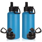 Volhoply 32 oz Insulated Water Bottles Bulk 2 Pack with Straw Lid & Spout Lid,Stainless Steel Sports Water Bottle,Double Wall Vacuum Thermos,Leakproof Wide Mouth Metal Flask for Hiking,Camping(Blue,2)