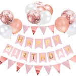 Buygain Happy Birthday Banner and Bunting, Rose Gold Birthday Decoration 12inch Happy Birthday Balloons, Ribbons and Birthday Banners, Wall Hooks, A Perfect Happy Birthday Decorations.