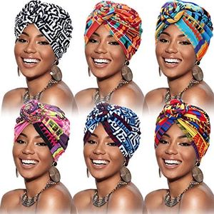 6 Pieces Women African Turban Flower Knot Pre-Tied Bonnet Beanie Cap Headwrap (Black Blue Flower)