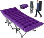 Slendor Folding Camping Cot with Mattress, 74" L x 28" W x 15" H Camp Cots for Adults, Portable Sleeping Cot Bed for Tent, Office, Travel, Max. 500lbs Load, Striated Gray Cot, Gray+Purple Pad