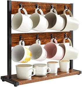 IBUYKE Rustic Coffee Mug Holder Stand, 2 Tier Countertop Mug Tree Holder Rack with Storage Base, Vintage Mug Holders for Kitchen, Holds 16 Mugs, Rustic Brown UTBJ001H