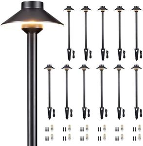 Gardenreet Solid Cast Brass Pathway Light - 12v Landscape Path Lights Outdoor Waterproof, Electric Walkway Lamp Wired, Hat Shape Black Garden Decorations with 3W 2700K Warm White G4 Bulb (12 Pack)