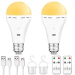 BOBOPAI USB C Rechargeable Light Bulb with Remote Control, 7W Battery Powered Light Bulbs E27 Touch Control Dimmable LED Bulb, Outdoor Camping Emergency Light Bulb with Hook,Warm White Light/2 Pack