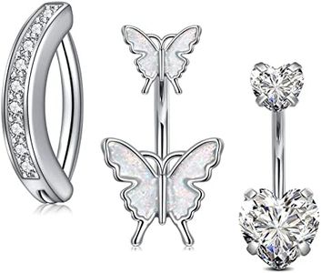 Crdifu 3pcs Barras de Vientre Plateadas Anillo de clickers 10 mm de Acero quirúrgico Mariposa corazón Ombligo Anillos de perforación de Joyas perforantes