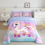 Feelyou Girls Unicorn Comforter Twin Size, Princess Rainbow Unicorn Comforter Set for Kids Toddler Glitter Print Magical Unicorn Bedding Set Fairy Dreamy Horse Duvet Set Reversible