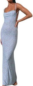 HodJIU Robe Longue à Bretelles Spaghetti pour Femme Dos Nu Sexy Robe Moulante sans Manches Robe Fleurie Eté pour Plage Cocktail Mariage Y2K Clubwear (Bleu, M)