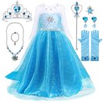 Elsa Dress Up for Girls, Frozen Princess Dress with Necklace Sets, Princess Elsa Costume Kids Fancy Dress for Cosplay (110)