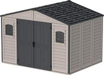 Duramax WoodBridge II PLUS 10.5 x 8 (8.02 m2) Plastic Garden Shed with Metal Foundation Kit and 2 Fixed Window, Strong Metal Roof Structure and Maintenance-Free Storage Shed, Dark Grey/Adobe