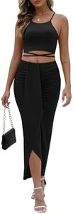 HUUSA Women's Sexy 2 Piece Skirt Sets Elegant Bodycon Brunch Club Birthday Maxi Dress Sleeveless Tank Shirt Tops High Waist Ruched Slit Long Dress Black 2XL