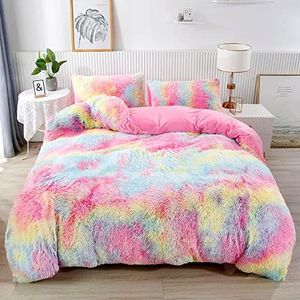RYNGHIPY 3Pcs Ultra Soft Long Hair Plush Shaggy Duvet Cover with Pillowcases, Colorful Tie Dye Fluffy Velvet Bedding Set with Hidden Zipper Closure (Colorful Pink,Twin)