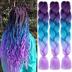 FANWYFYU Ombre Braiding Hair, 3Pack/Lot Ombre Braiding Hair Extensions High Temperature Synthetic 24inch Pre Stretched Braiding Hair,for Box Braids Braiding Hair (Dark Purple-Lake Blue-Light Purple)