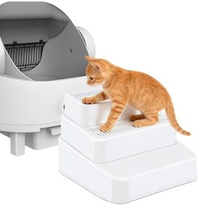 Adjustable 3 Steps Litter Box Ramp, Cat Ramp for Litter Box with Litter Trapper, Litter Box Step for Small & Elderly Cats, Fits Automatic Litter Boxes (White)