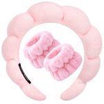 Zkptops Spa Headband for Washing Face Wristband Set Sponge Makeup Skincare Headband Terry Cloth Bubble Soft Get Ready Hairband for Women Girl Puffy Padded Headwear Non Slip Thick Hair Accessory(Pink)