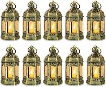 10pcs Mini Lanterns Decorative for Centerpiece: Romadedi Hanging Small Gold Lantern Bulk with Flickering LED Candles for Halloween Decorations, Wedding Decor, Christmas Table, Batteries Included