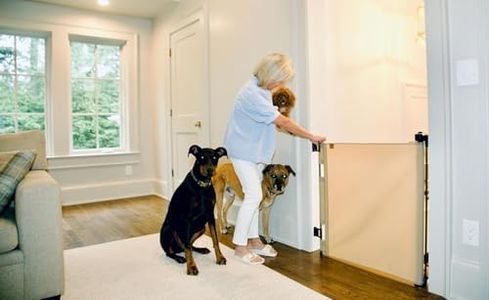 Crafted Gates Oil Waxed Canvas Fabric Retractable Dog Gate Indoor & Outdoor 27.6"–55" Wide x 33" Tall – Premium Designer-Grade Stair Gate for Dogs, Water Resistant, Scratch-Proof – Sand-Black