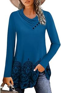 Gaharu Tunics for Women, Ladies Flattering T Shirt Top Long Sleeve Cowl Neck Comfy Floral Print Tunic Dress (Large,Darkcyan)