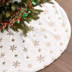 White Christmas Tree Skirt with Snowflake Design - Gold Embroidered Sequin Print, 90cm Plush Faux Fur Christmas Tree Skirt, Xmas Tree Base Cover, Holiday Party Home Decoration (Gold)