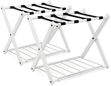 Costway Folding Luggage Rack, Metal Luggage Stand Rack with Webbing Straps & Bottom Shelf, Double Tiers Luggage Holder with Strong Bearing Capacity for Bedroom, Guest Room, Hotel, Black (White (2 PCS))