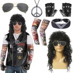 8 Pcs Rockstar Fancy Dress, Glam 80s 90s Men Costume Outfit with Heavy Metal Wigs Vintage Headband Sunglasses Gloves Tattoo Sleeves Necklaces Rock Hard Rocker Accessories World Book Day Costumes