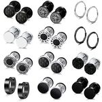 SAILIMUE 12 Pairs Stainless Steel Stud Earrings Set for Men Women Fake Gauge Earrings Punk Vikings Rune Black Piercing Hypoallergenic Hoop Tunnel Piercing Cartilage Earrings