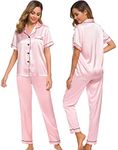 SWOMOG Womens Satin Pajama Sets 2 PCS Silky Pjs Set Short Sleeve Sleepwear with Pants Button-Down Pjs Loungewear Pink Large