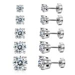 Kainier 5 Pairs 14K White Gold Plated CZ Stud Earrings Flat Back Earrings Simulated Diamond Round Surgical Steel Cubic Zirconia Hypoallergenic Flat Back Ear Stud Set（5 Pairs)