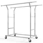 HOKEEPER Heavy Duty Double Clothes Rails,Adjustable Collapsible Rolling Clothes Rack on Wheels,180kg Load Capacity Commercial Grade Clothing Garment Racks, Chrome Finish