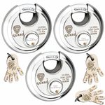 S-GUARD Stainless Steel Shutter Lock for Shop, Main Gate| Main Door| Godowns| Offices| Warehouse| Trucks- Silver,Laser Mark, 4 Computerized Keys-14 Pin, 304 Steel (Disc Lock-90MM- Pack of 3)