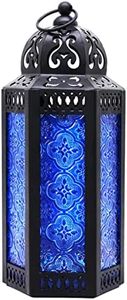 CVHOMEDECO. Decorative Candle Lantern Moroccan Lanterns Vintage Black Metal Lantern Holder for Home Patio Outdoor Decor. Cobalt Glass, Medium