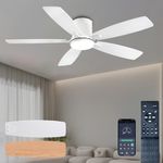 Ceiling Fans with Lights, 52 inch Low Profile Ceiling Fan with Light and Remote Control, Flush Mount, Reversible Motor, Dimmable, Noiseless, White Ceiling Fan for Bedroom, Indoor/Outdoor Use