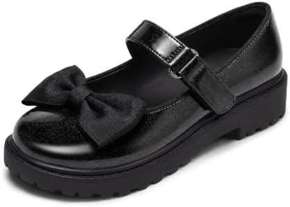 Coutgo Girls Mary Jane Dress Shoes Bow Closed Toe Chunky Heel Flats Platform Loafers School Uniform Shoes, Cool Black, Size 11