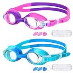 2 Pack Kids Swimming Goggles, Kids Goggles Anti-Fog Leak Proof UV Resist Swimming Goggles for Children Boys Girls, Swim Glasses with Ear Plug Nose Clip Portable Case for Age 3-14 (Purple+Blue)