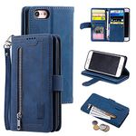 EYZUTAK Wallet Phone Case for iPhone SE(5G) 2022 iPhone 7 iPhone 8 iPhone SE 2020, Retro Matte 9 Card Holder Slots Zipper Pocket PU Leather Magnetic Closure Kickstand with Wrist Strap Case - Blue