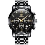 OLEVS Chronograph Watch Men Black Stainless Steel Waterproof Mens Watches Diamond Multifunction Analog Watches for Men with Date Big Face Luxury Quartz Men's Wrist Watches, Montre Pour Homme