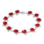 Suplight Silver Red Rose Link Chain Bracelet Bridesmaid Girlfriend Gifts Platinum Plated Flower Leaf Wrist Charm Bangle