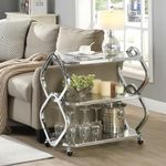 FERFALDER Silver Bar Cart with Wheels Glass Bar Cart for Home Metal Console Table Serving Cart with Storage for Club Spa Cafe Entryway Kitchen Living Room Hallway Sofa