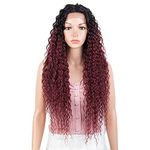 Joedir 28" Long Curly Lace Front with 1.5"x3" Lace Wig Heat Resistant Synthetic Wigs For Black Women 130% Density(Ombre Black to Wine Color)