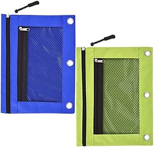 3 Rings Binder Pencil Pouch with Black Dismountable Zipper Puller, Pencil Case with Double Pocket and Mesh Window (Blue&Green 2pack)