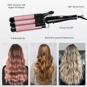 janelove 3 Barrel Hair Waver 25mm Ceramic Beach Wave Curler – 2 Temp Settings, Heat-Resistant Glove