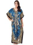 Womens Long Kaftans Printed Dress With Waist Tie (One, Blue)