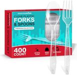 Clear Plastic Forks and Spoons (400 Pack) - Party Disposable Forks & Spoons, Heavyweight Utensils - Plastic Cutlery Bulk for Events, Everyday Meals, Take-Out, Restaurant, Office, School, Picnics, BBQs