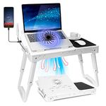 Laptop Desk for Bed Laptop Tray Table Foldable Stand Desk with Cooling Fan, 4 Port USB Hub, Adjustable LED Light, Mouse Pad and Storage Box for Working, Reading on Bed Couch Sofa (White)