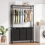 Laundry Sorter 3 Section Laundry Hamper Sorter with Garment Rack Hanging Rod and Adjustable Storage Shelf 3 X 13gal Laundry Basket Organizer for Laundry Room Organization Storage Baskets, Black