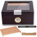 Mantello Premium Humidor Cigar Box, Ebony Glass-Top Cigar Humidor with Hygrometer -Cedar Divider, Humidity Packets Holder, Holds 25-50 Cigars