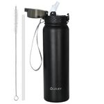 OLDLEY Stainless Steel Water Bottle with Straw 1L Vaccum Insulated Large Drink Flask Metal Water Bottles 1 Litre Leakproof Keep Drinks Hot Cold for Bike Sports Gym Adult Women Men(Black,1 Lid)