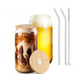 MEETOZ 2 Set 500ml Finew Glass Cups with Bamboo Lids and Glass Straws,Reusable Can Shaped Glass Cups Set,for Smoothies, Beer, Cola, Juice, Soda