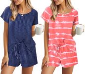 Ekouaer 4 Piece Pajamas Ladies Short Sleeve Sleepwear Crew Neck Pj Top and Shorts Set Casual Loungewear Orange Wave+Navy White Dots-3,Medium