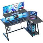 HOMIDEC Gaming Desk with LED Lights, 120CM Computer Desk with Monitor Stand, L Shaped Desk with Headphone Hook, Corner Desk with Shelves for Gaming Room, Bedroom, Office, Black