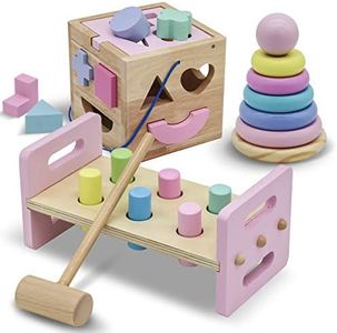 WALIKI Deluxe Wooden Toy Bundle for Girls | Pastel Pounding Bench, Shape Sorter Box & Rainbow Stacker | Montessori Toys for Toddlers & Preschoolers | Ages 2-5 | Educational Gift
