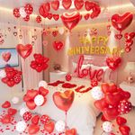 Anniversary Decorations Valentines Day Balloons Arch with Happy Anniversary Banner Heart I Love You Balloons Red Felt Heart Hanging String Rose Petals for Valentines Romantic Decorations